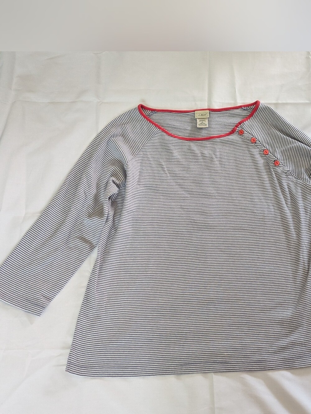 Striped 3/4 Sleeve Cotton Top Red Button Accents